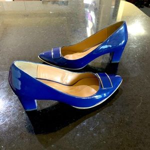 Patent blue 2inch heels with gold accents